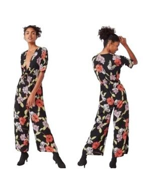 Urban outfitters floral tie-front jumpsuit plunging neck black orange medium